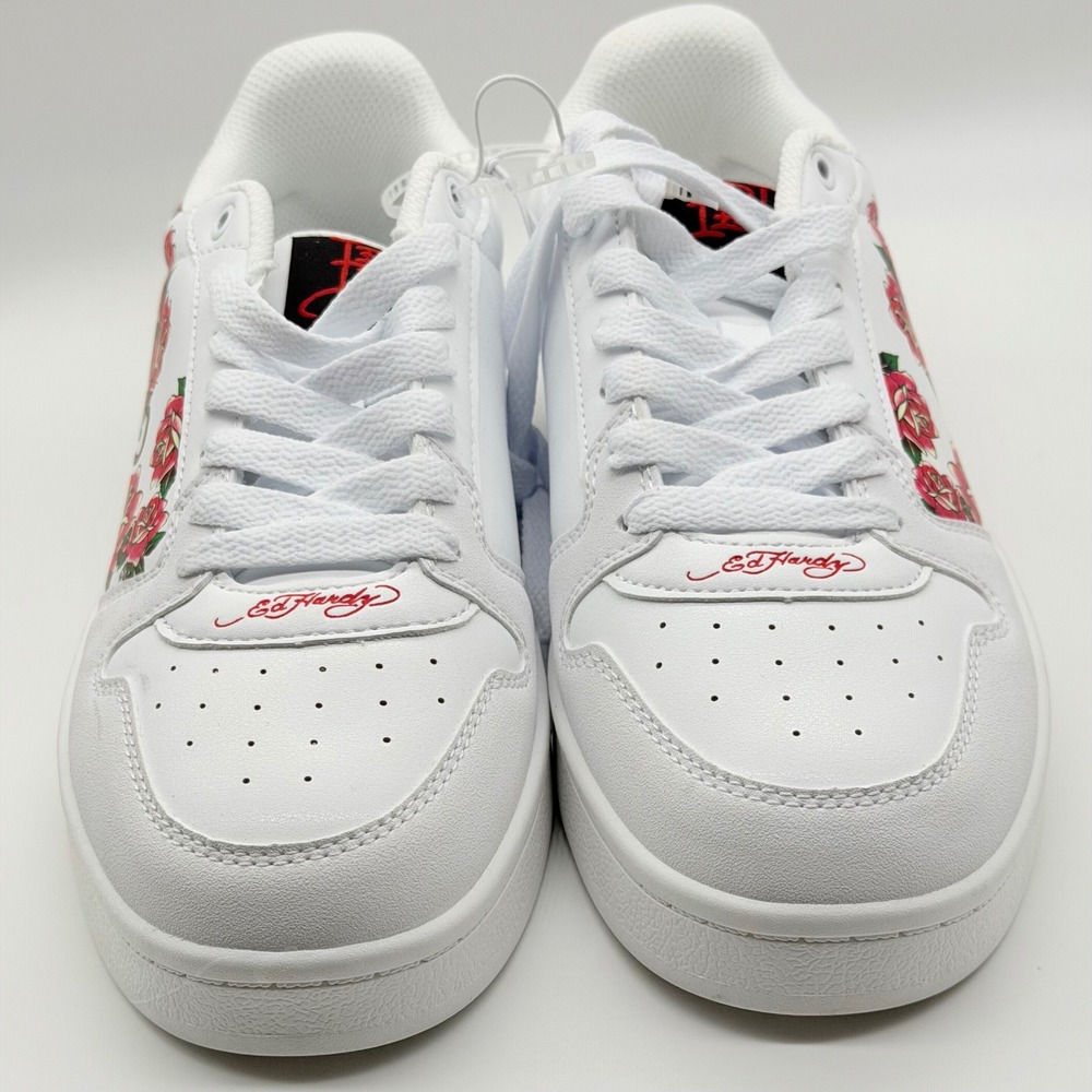 Ed Hardy Unisex White Rose Skull Court Sneakers EH06046101 Size 10